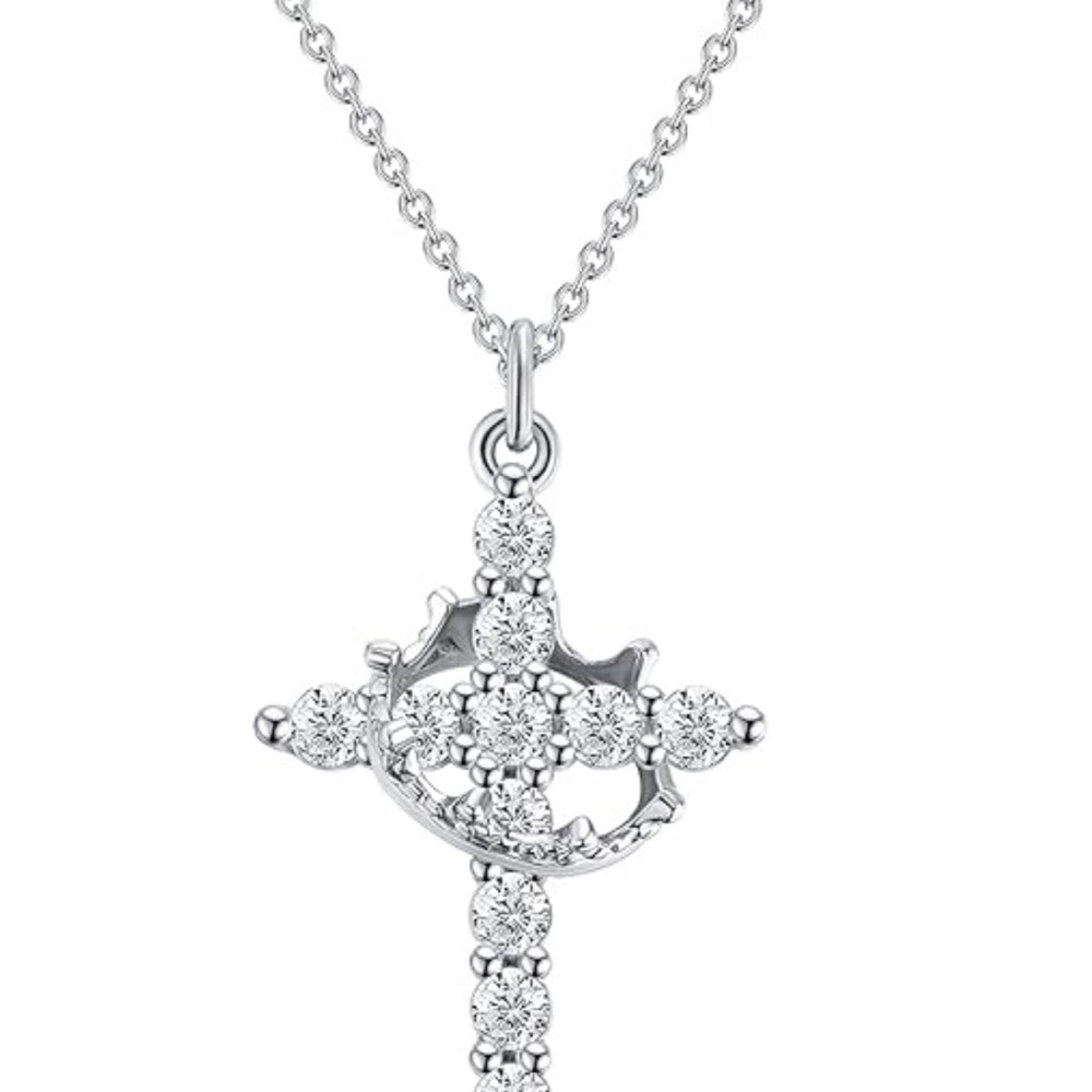 Dazzling Silver Crown and Cross Pendant Necklace